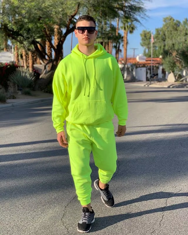 2024 Fashion Neon Style Mens Sets Fluorescence Green Hooded Sweatshirt+Sweatpants Two Piece Autumn Winter Casual Tracksuit