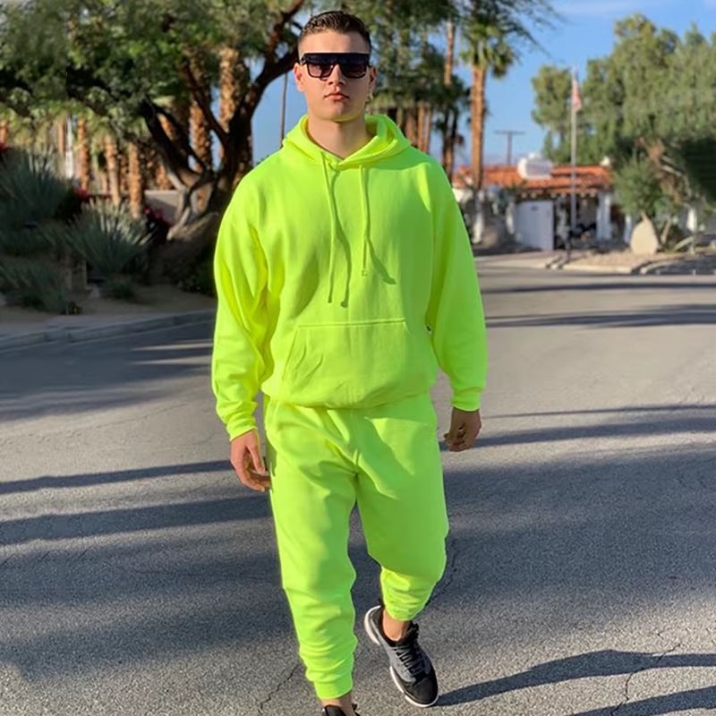 2024 Fashion Neon Style Mens Sets Fluorescence Green Hooded Sweatshirt+Sweatpants Two Piece Autumn Winter Casual Tracksuit