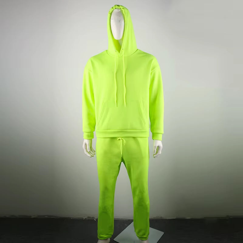 2024 Fashion Neon Style Mens Sets Fluorescence Green Hooded Sweatshirt+Sweatpants Two Piece Autumn Winter Casual Tracksuit