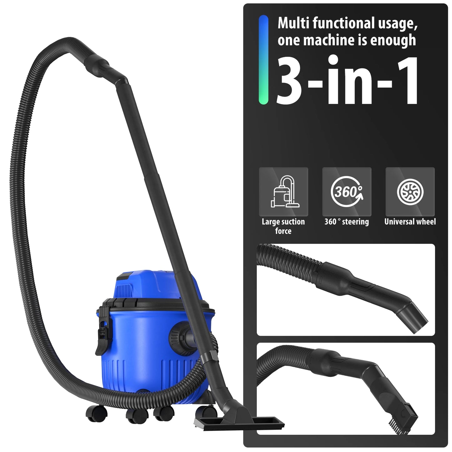 Industrial Vacuum Cleaner Hoover Wet and Dry 4800W Powerful Suction Bagless, 16Kpa, 15 Litre Capacity, 4 Caster Wheels