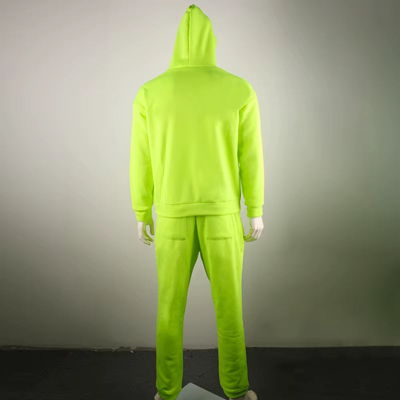 2024 Fashion Neon Style Mens Sets Fluorescence Green Hooded Sweatshirt+Sweatpants Two Piece Autumn Winter Casual Tracksuit